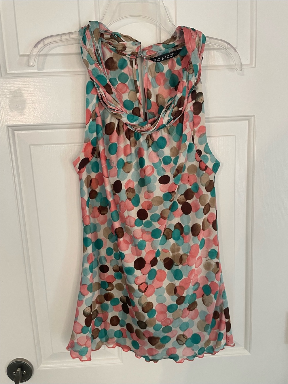 Zac & Rachel Pink Teal Brown Polka Dot Cowl Neck Sleeveless Blouse Wm Sz M